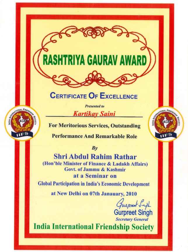 Rastriya Gaurav Award 2010 - kartikay Saini